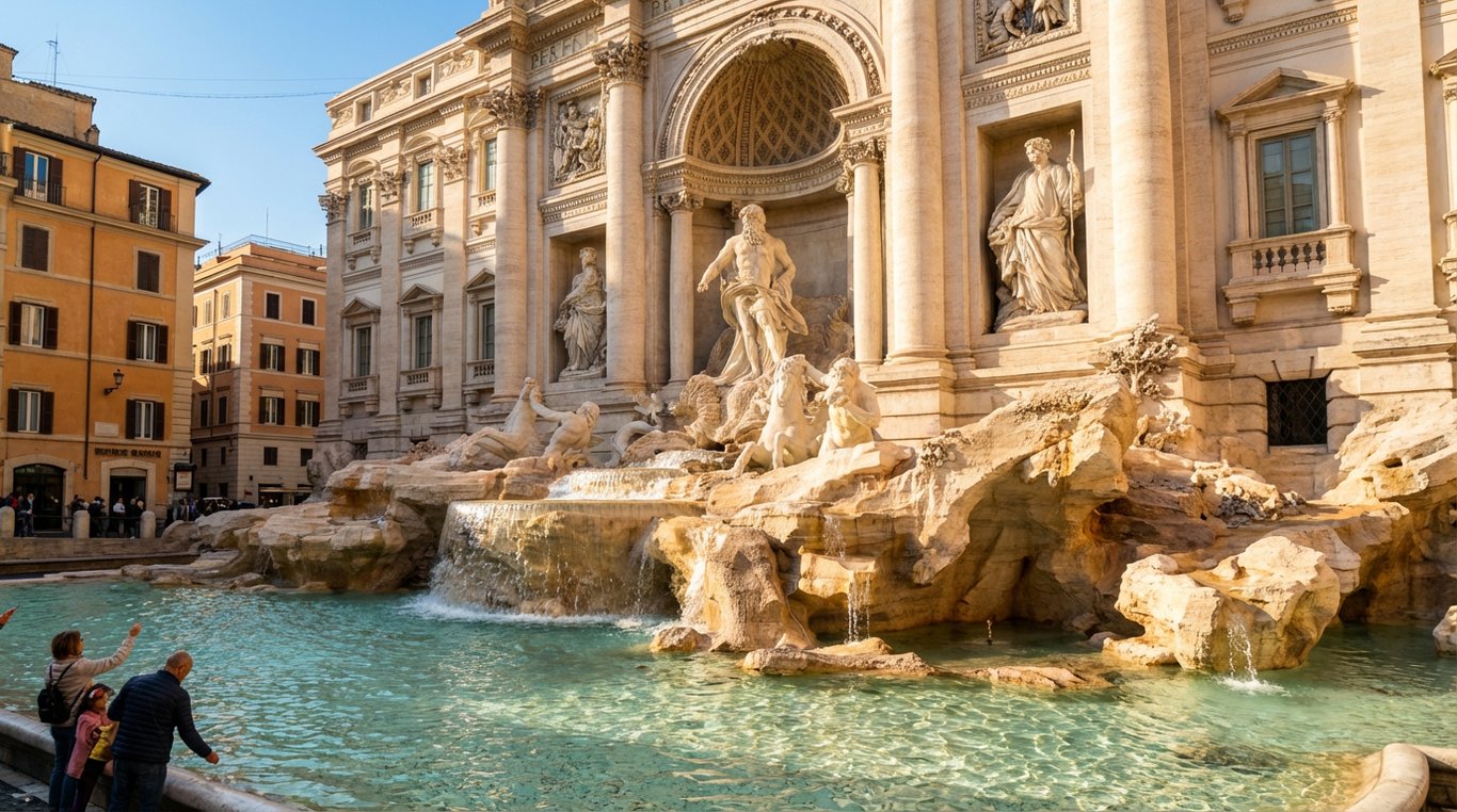 Fontana di Trevi în primăvară cu sculpturile baroce și apa cristalină strălucind în soare