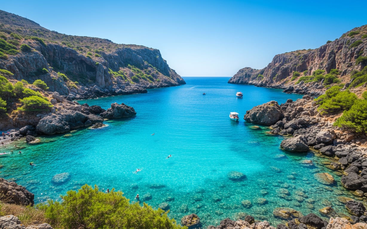 Anthony Quinn Bay Rodos cu apă turcoaz și stânci de lavă neagră