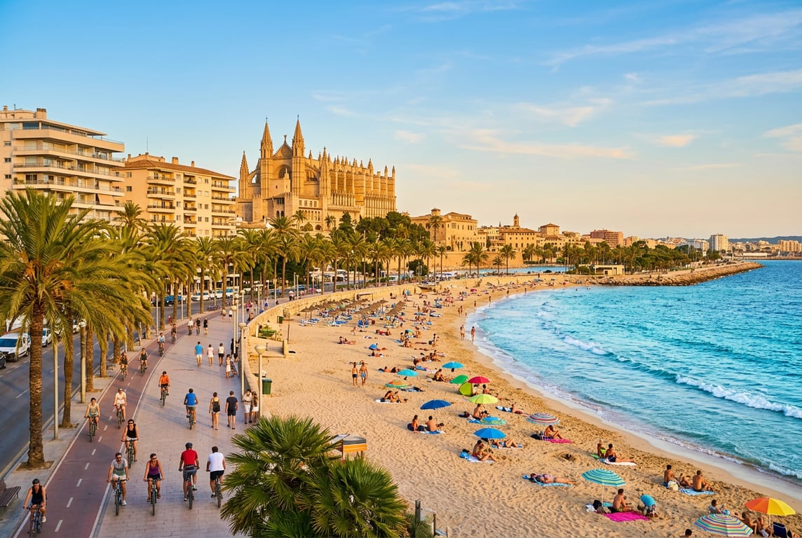 Plaja Can Pere Antoni din Palma de Mallorca cu nisip auriu și ape turcoaz mediteraneene