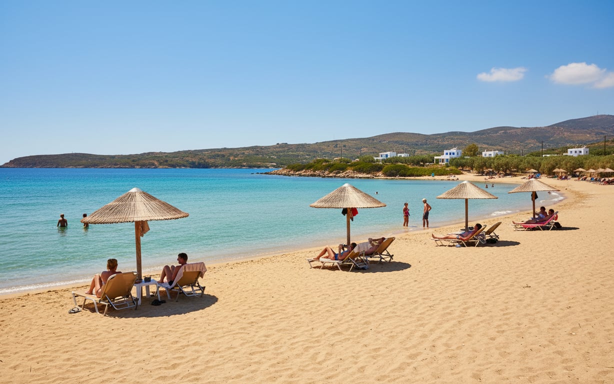 Plajă liniștită pe insula Naxos cu nisip auriu și apă limpede