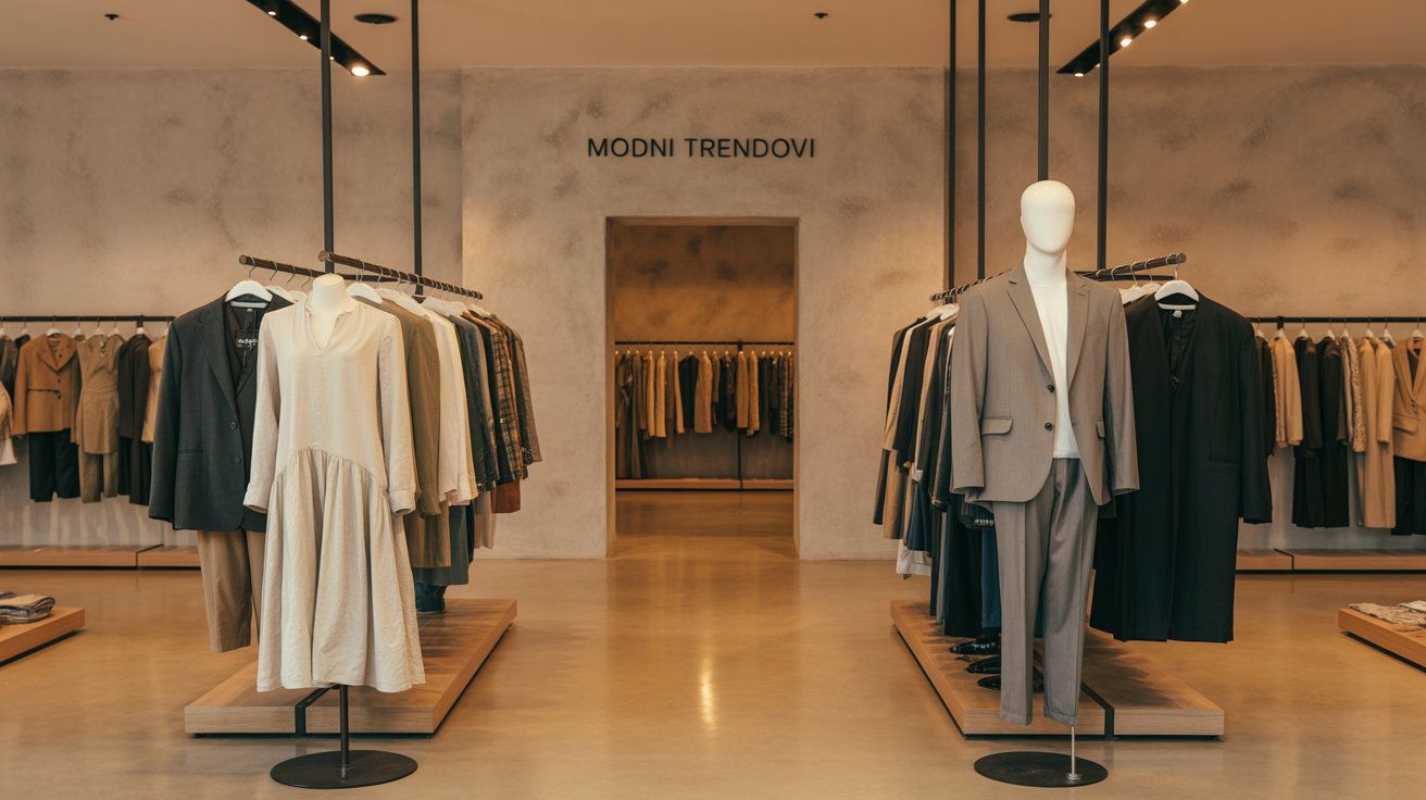 A well-organized clothing store interior with racks and shelves.