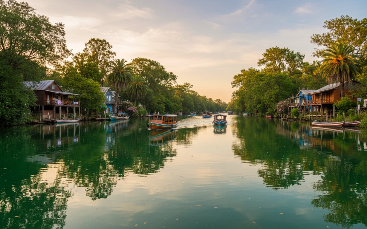 Bărci de lemn pe canalele verzi din Delta Tigre, lângă Buenos Aires