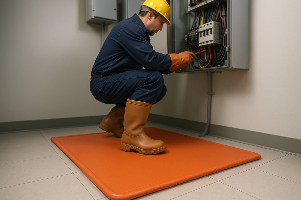 A photorealistic shot capturing an electrician standing on an insulated mat wearing insulated boots while working on electrical equipment, bright lighting, focus on the mat and boots providing a safe working environment, emphasizing the importance of complete insulation from electrical hazards.