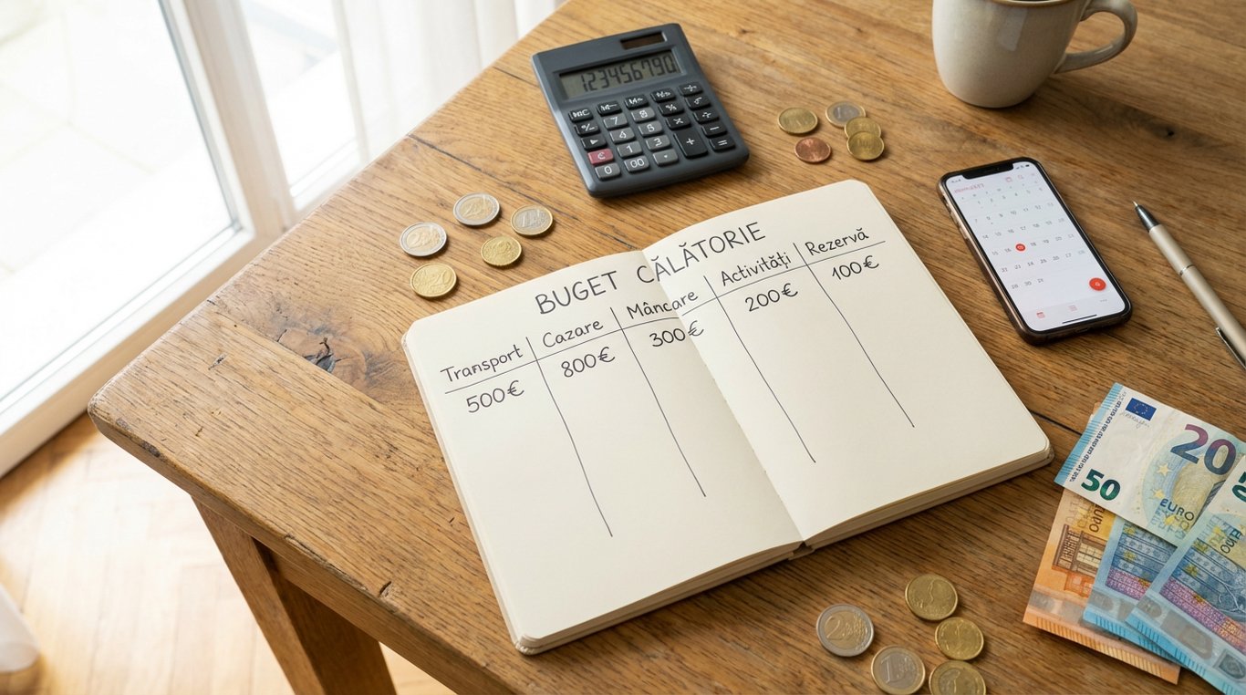 Planner buget vacanță pe birou, categorii în română, euro, calculator și telefon.