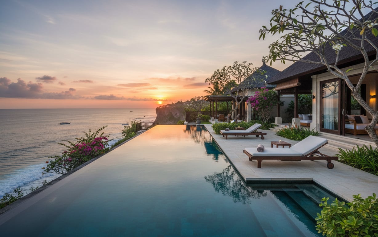 Vilă privată de lux cu piscină cu vedere la ocean pe o faleza din Bali