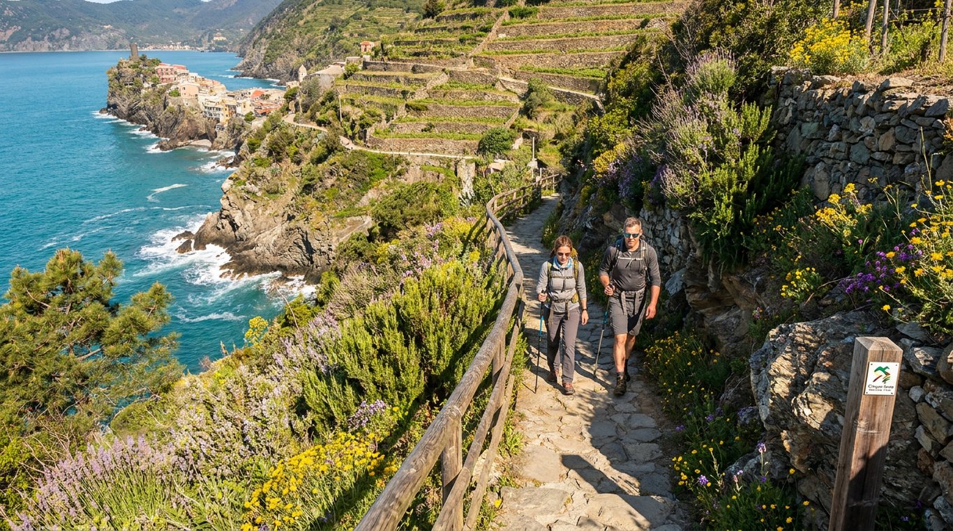 Drumeți pe Sentiero Azzurro în Cinque Terre cu priveliști spectaculoase asupra Mării Ligure