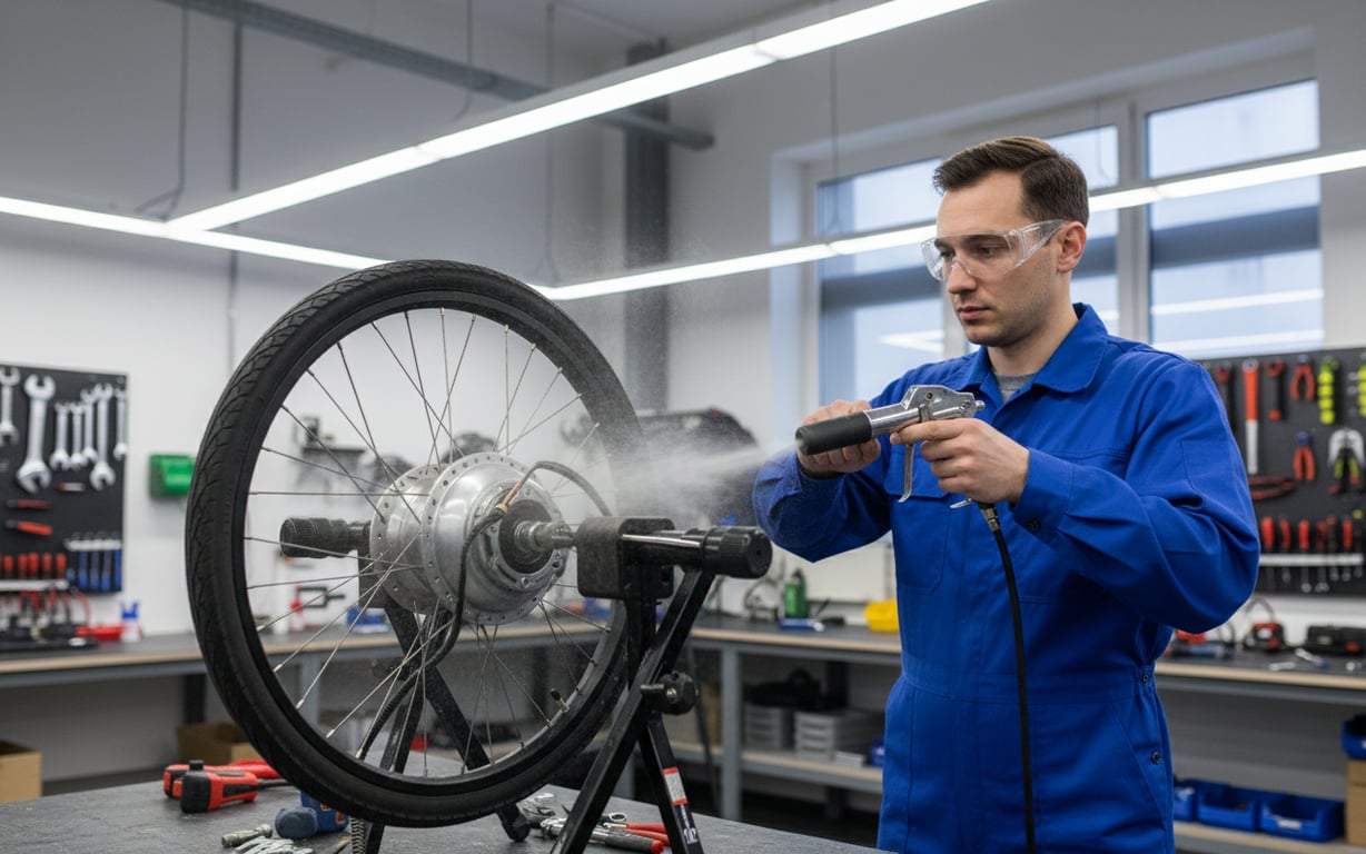 Motor electric triciclu curatat cu aer comprimat in atelier