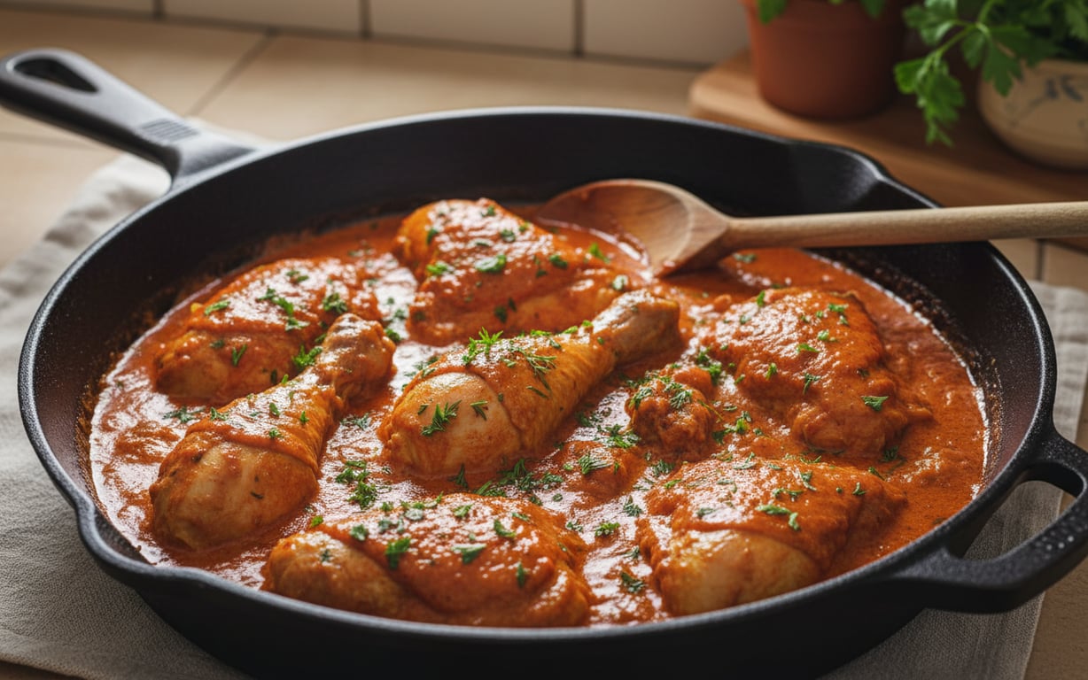 Papricas de pui cu sos roșu cremos în tigaie tradițională