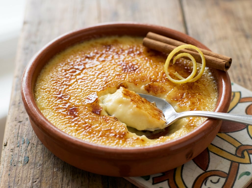 Crema catalana tradițională în vas de lut cu crustă caramelizată aurie și lingură