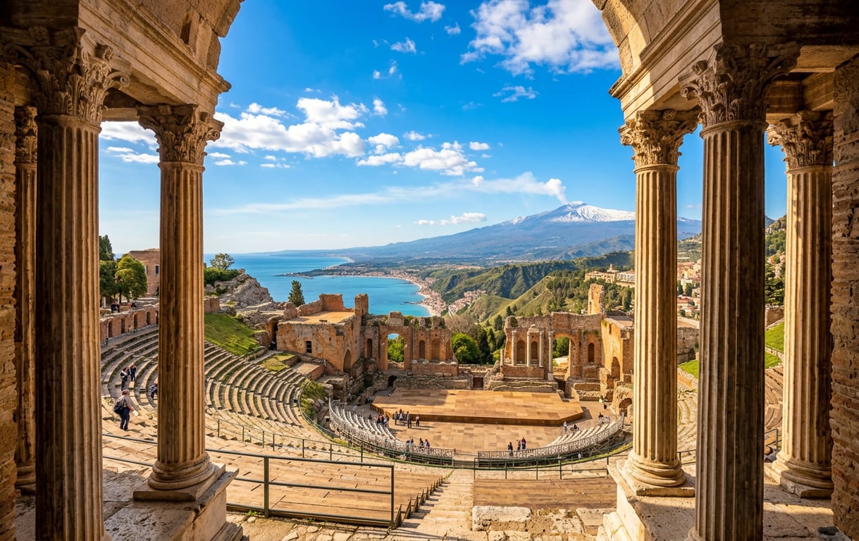 Teatrul Antic Grec din Taormina cu vedere spectaculoasă asupra Mării Ionice și Etnei