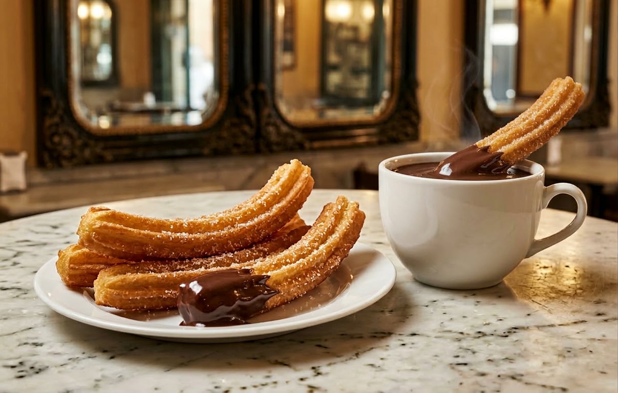 Churros proaspeți și crocanți serviți cu ciocolată caldă densă la Chocolatería San Ginés Madrid
