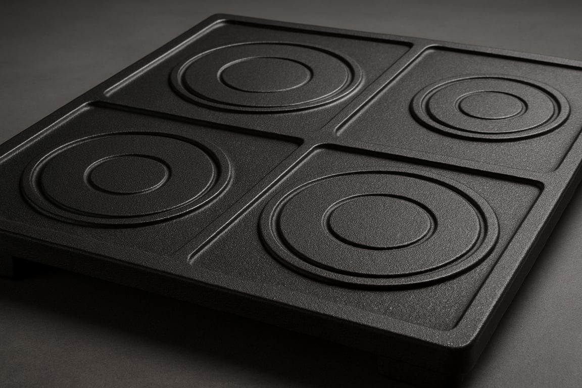 A detailed product shot of a cast iron cooktop, showcasing its smooth surface, sturdy construction, and even heat distribution pattern, with a focus on the circular burner areas and the overall durability of the material, photographed in a studio setting with controlled lighting to highlight the texture and finish.
