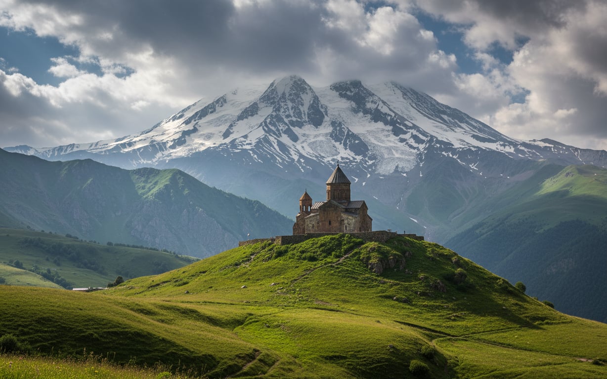 Biserica Gergeti cu Muntele Kazbek în fundal, pe Drumul Militar Georgian