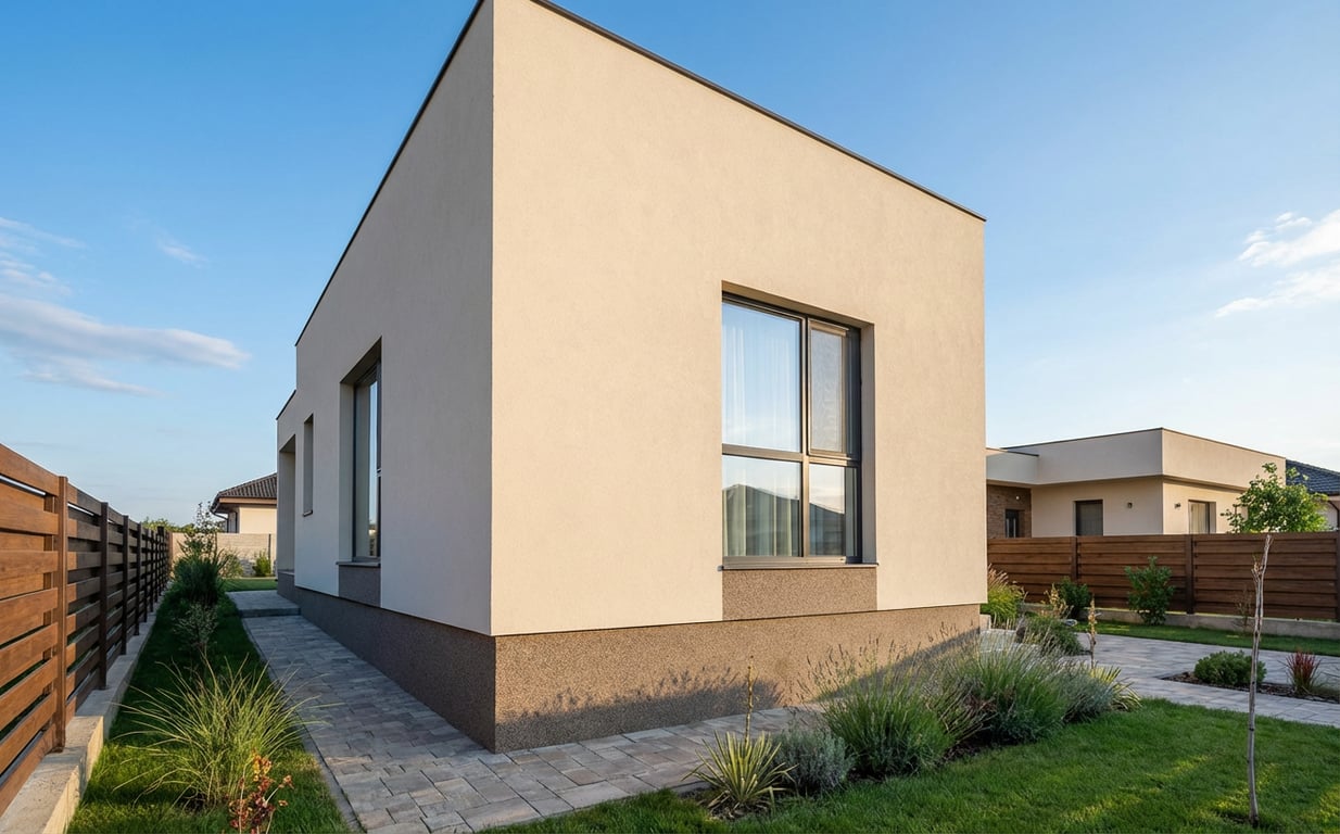 Casă modernă cu fațadă tencuită în culori deschise și finisaj decorativ
