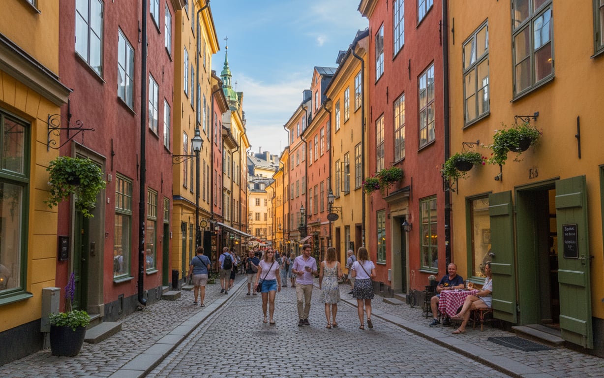 Clădiri colorate medievale pe străzile înguste din Gamla Stan, orașul vechi al Stockholmului