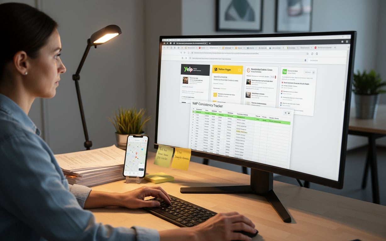Digital marketer managing local business citations across multiple directory platforms