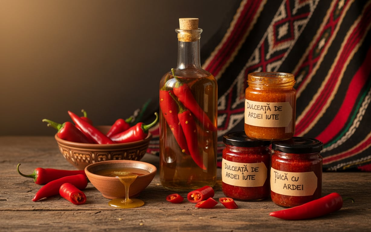Țuică tradițională cu ardei iuți și gemuri artizanale românești