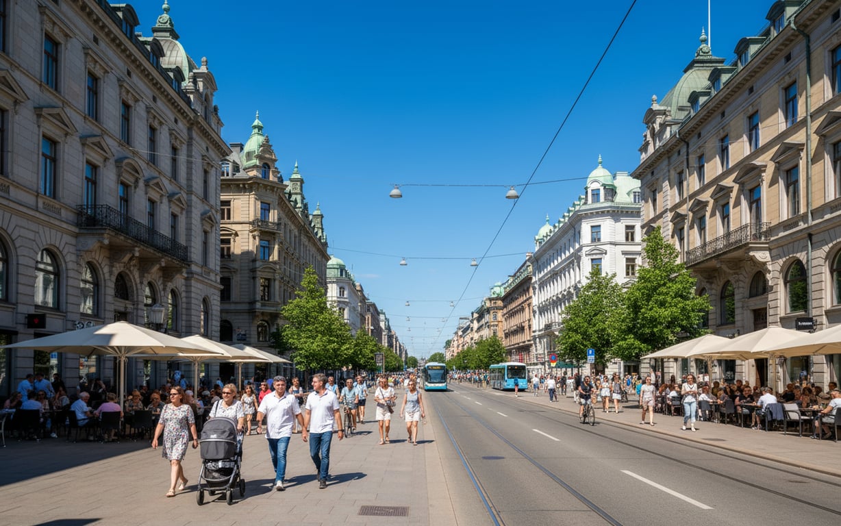 Vedere asupra bulevardului Avenyn din Göteborg cu clădiri elegante și terase vara