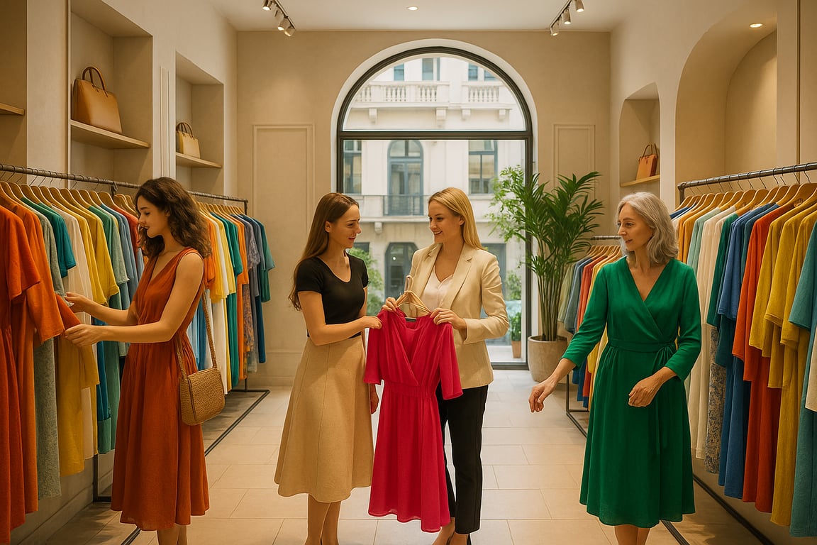 A photorealistic shot capturing a vibrant fashion boutique interior in Athens, Greece, during the daytime. Customers are browsing through clothing racks, with attentive staff offering personalized assistance. The scene is filled with natural light, highlighting the colorful and stylish garments. The overall atmosphere is welcoming and sophisticated, reflecting the personalized shopping experience.