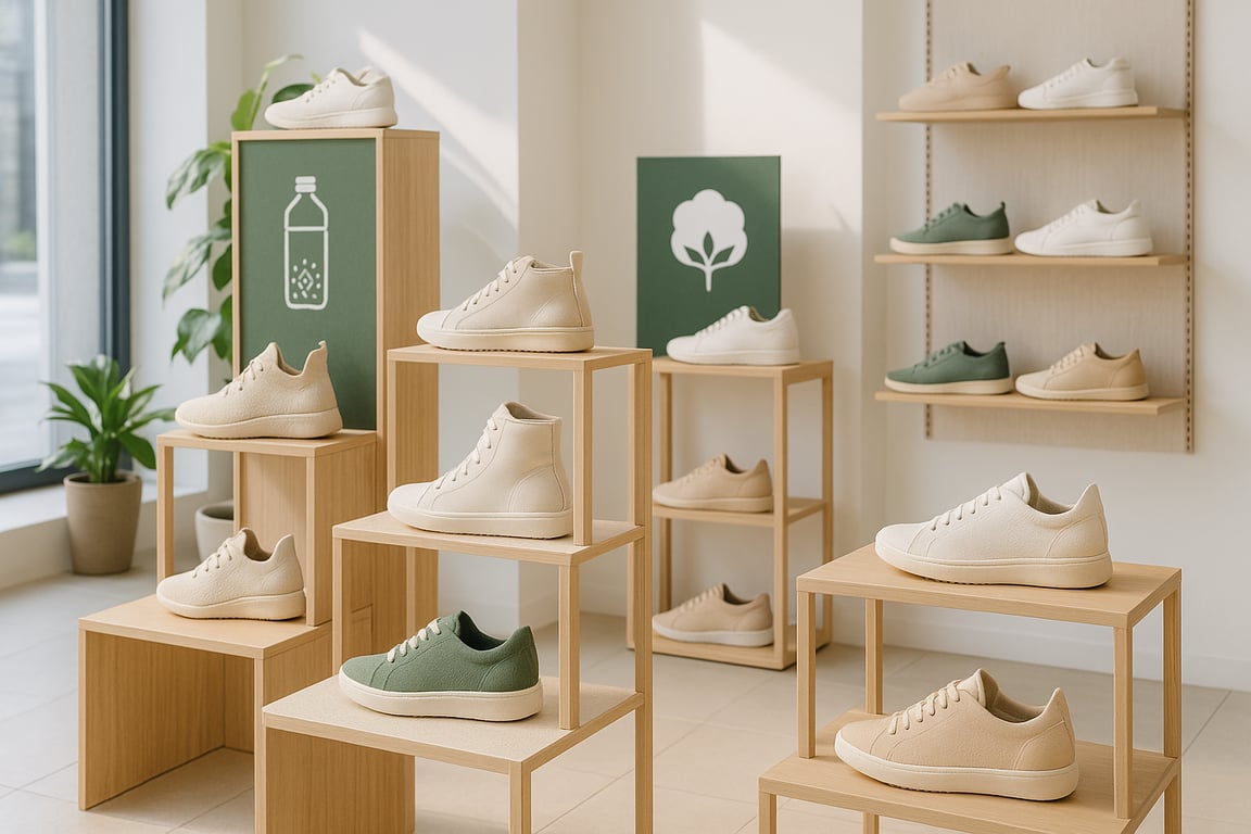 A modern retail store showcasing a variety of shoes made from sustainable materials, such as recycled plastic and organic cotton, with informative displays highlighting the eco-friendly aspects of the products, under bright, natural lighting, emphasizing the growing trend of sustainable fashion and conscious consumerism, photographed in a clean, contemporary style.
