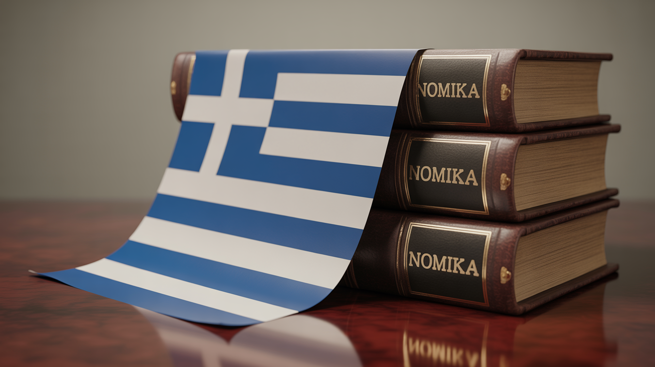 Ελληνική σημαία και νομικά βιβλία, συμβολίζοντας τις νομικές προϋποθέσεις.