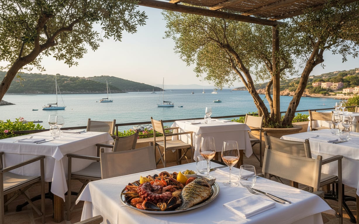 Terasă cu specific mediteranean pe Coasta de Azur cu vedere la mare