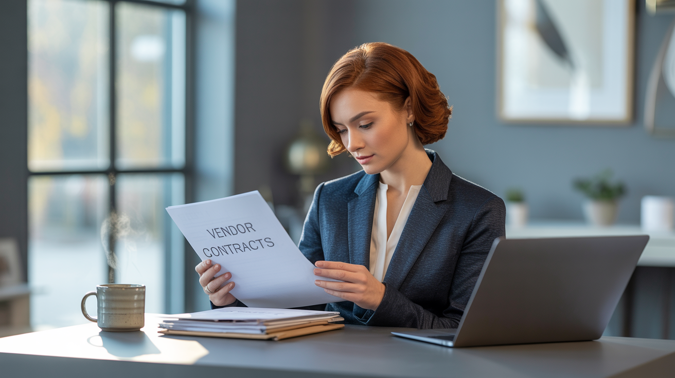 Boutique owner reviewing vendor contracts, modern office setting, focused expression