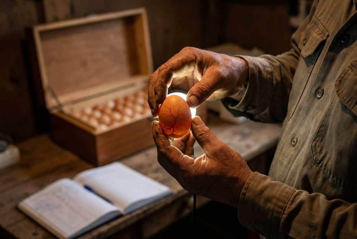 Fermier verificând ouăle în incubator cu ovoscop pentru monitorizare