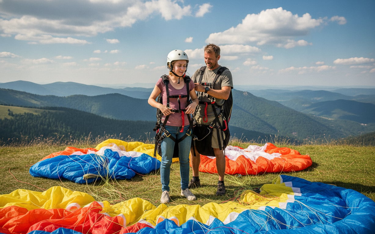 Turist echipat cu ham și cască de parapantă, pregătit pentru decolarea tandem de pe munte