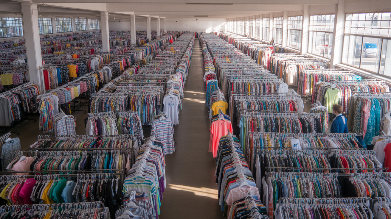 Variety of wholesale clothing in a large warehouse.