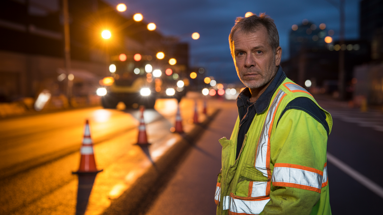 Vesta reflectorizanta galbena purtata de un lucrator pe timp de noapte