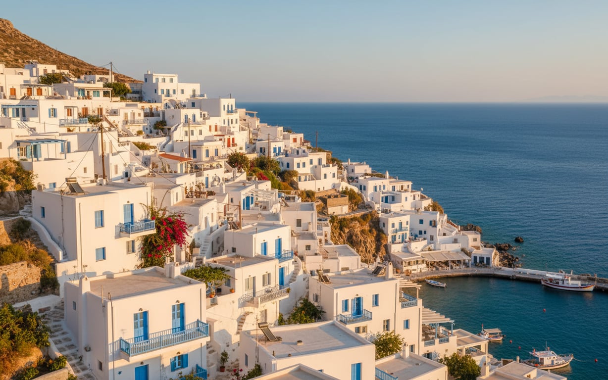 Satul tradițional Plaka din Milos cu case albe și vedere spre mare