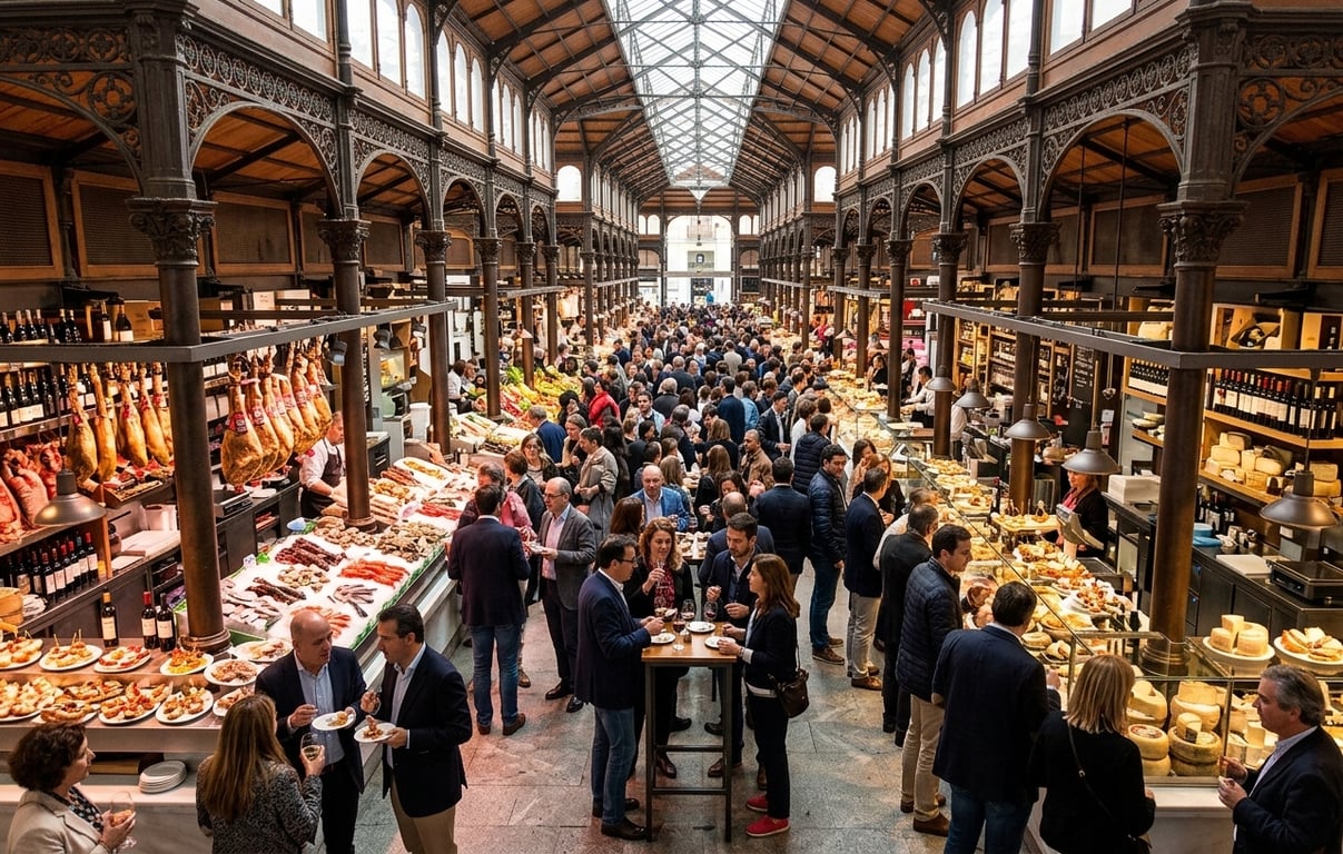 Interior elegant al Mercado San Miguel cu structura din fier forjat și standuri gastronomice pline