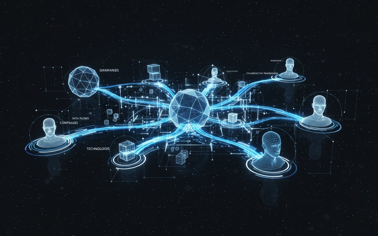 Interconnected digital network showing fashion companies and technologies collaborating in modern ecosystem