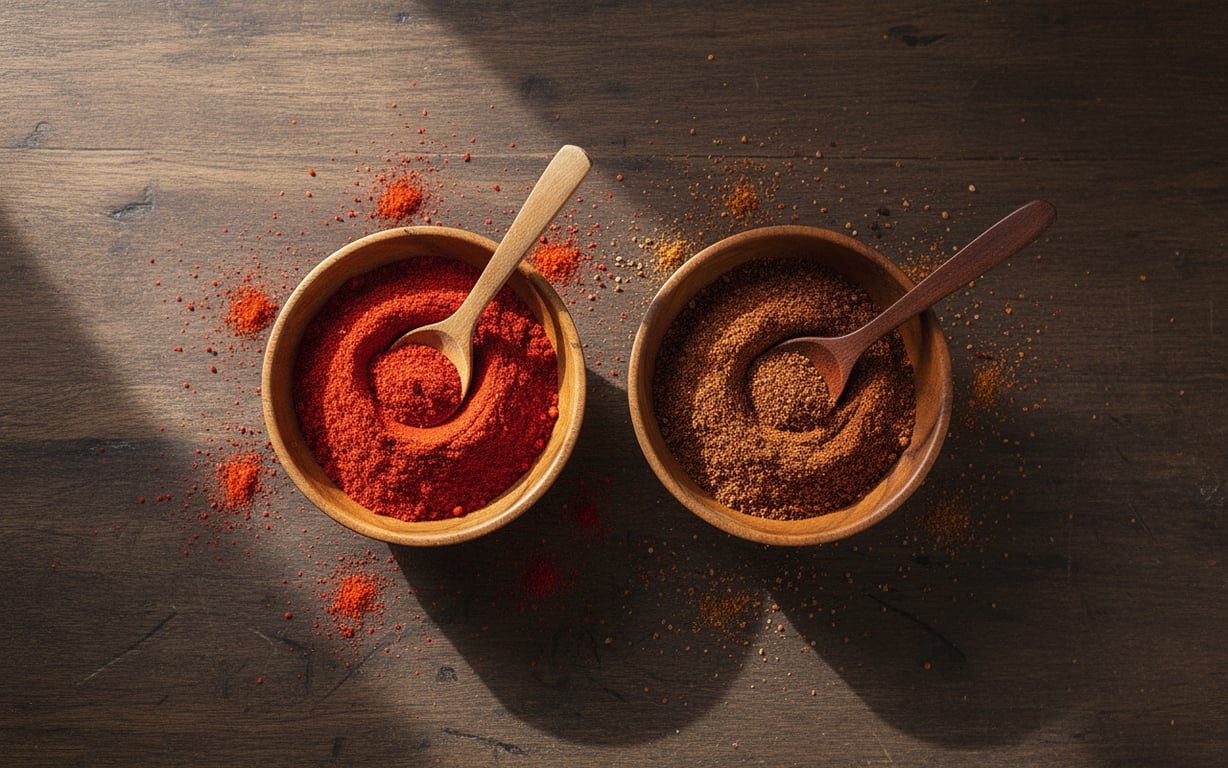 Comparație vizuală între paprika dulce și paprika afumată în boluri