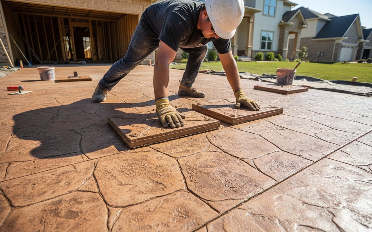 Muncitor care aplica matrite de amprentare pe beton proaspat colorat