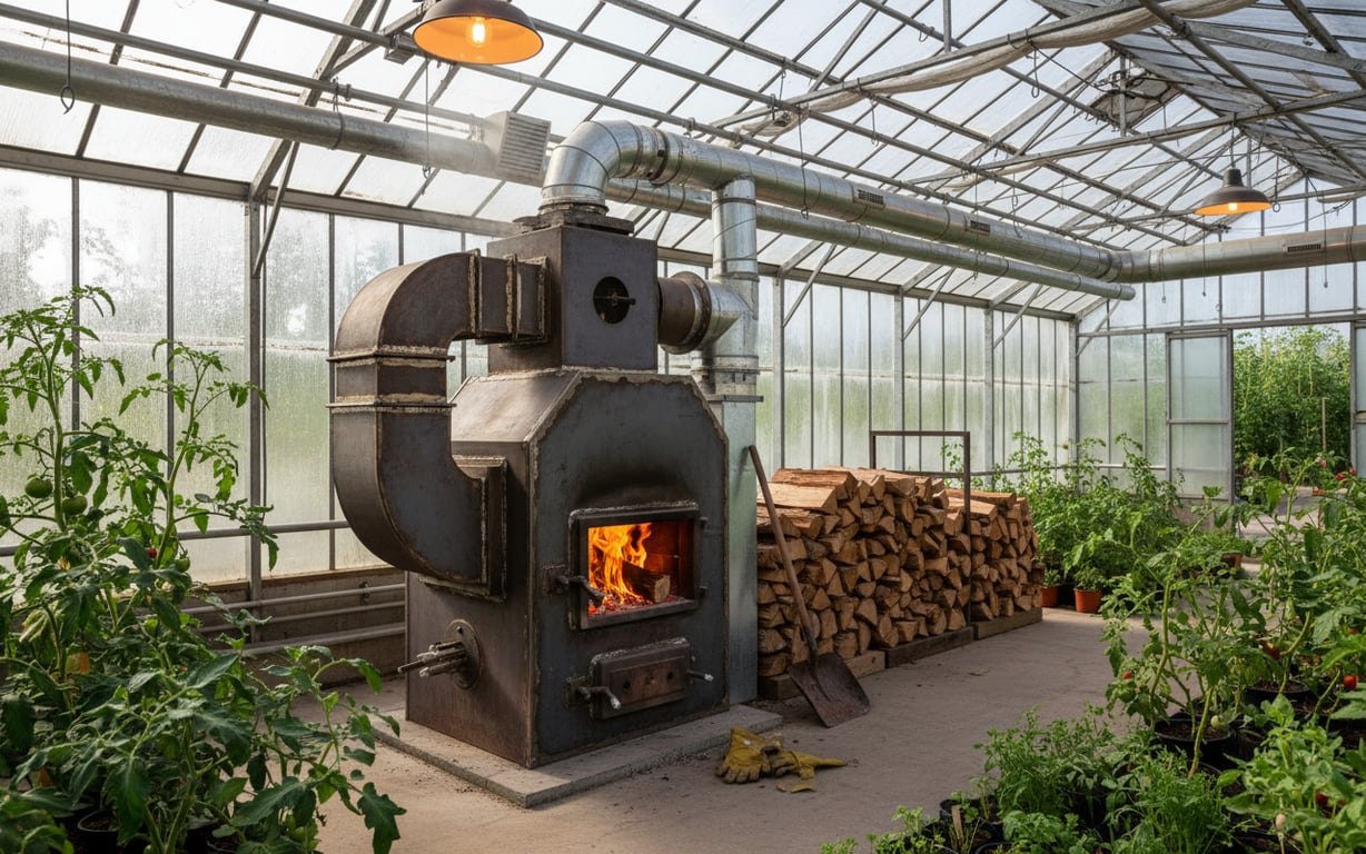 Generator de aer cald pe lemne instalat într-o seră