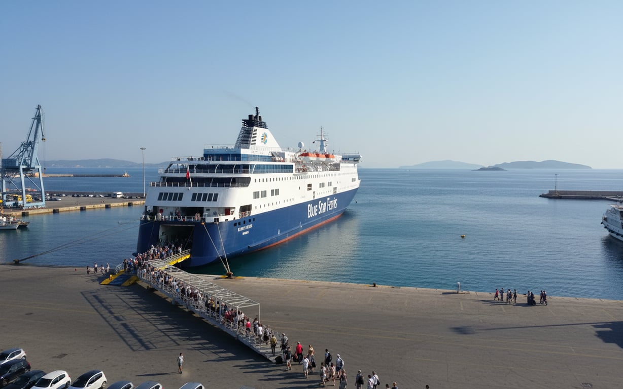Feribot mare grecesc în portul Pireu cu pasageri la îmbarcare