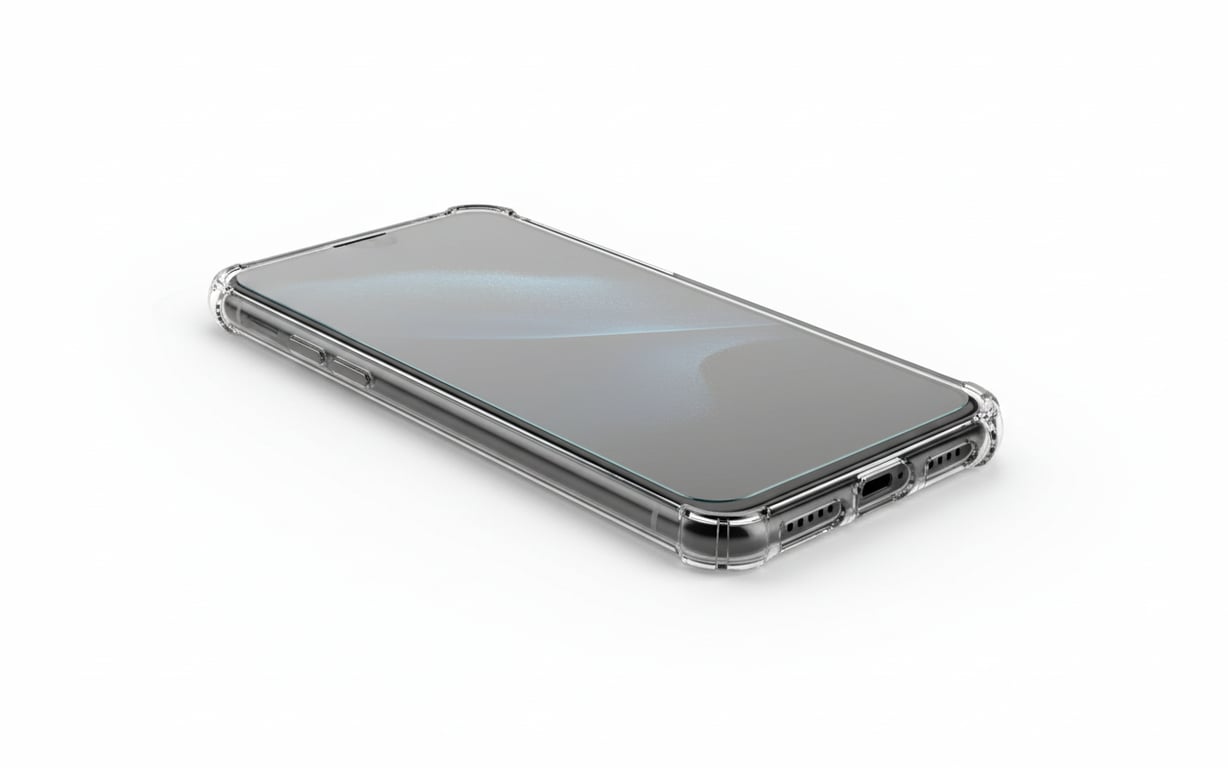 Telefon protejat cu husă și folie sticlă securizată pe fundal alb