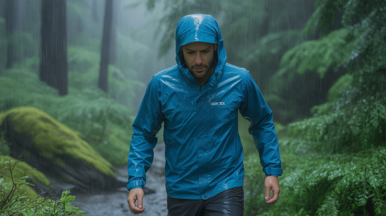 Man wearing Gore-Tex jacket in heavy rain, demonstrating waterproofness