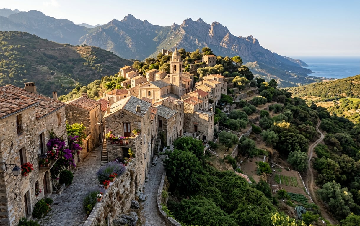 Sat medieval corsican pe deal înconjurat de munți și vegetație mediteraneană tipică