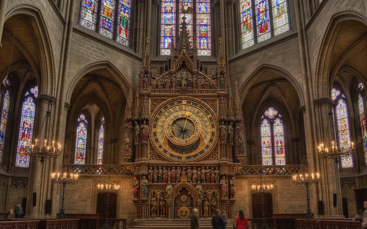 Ceasul astronomic medieval din interiorul Catedralei Notre-Dame din Strasbourg cu detalii sculptate