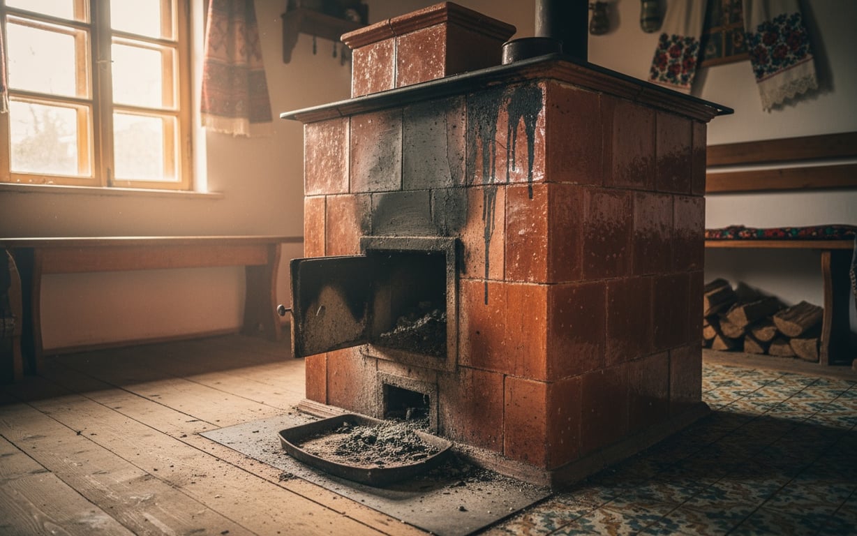 Sobă de teracotă tradițională românească în interior rustic cu lemne și cenușă