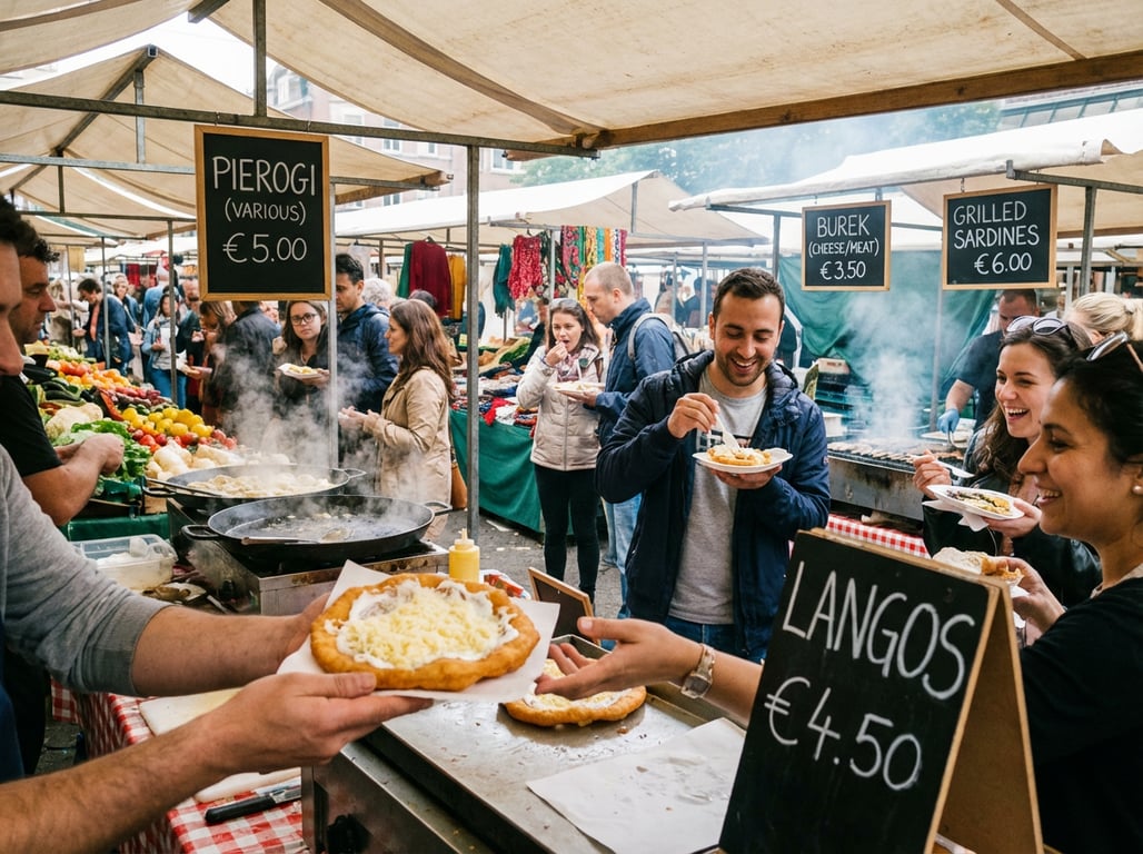 Piață locală europeană cu street food ieftin, localnici mănâncă la tarabe colorate.