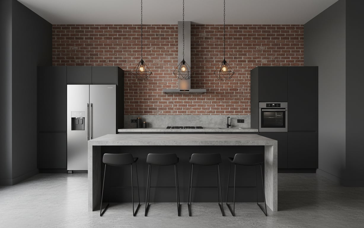 Bucătărie industrială cu pereți gri și mobilier negru mat modern