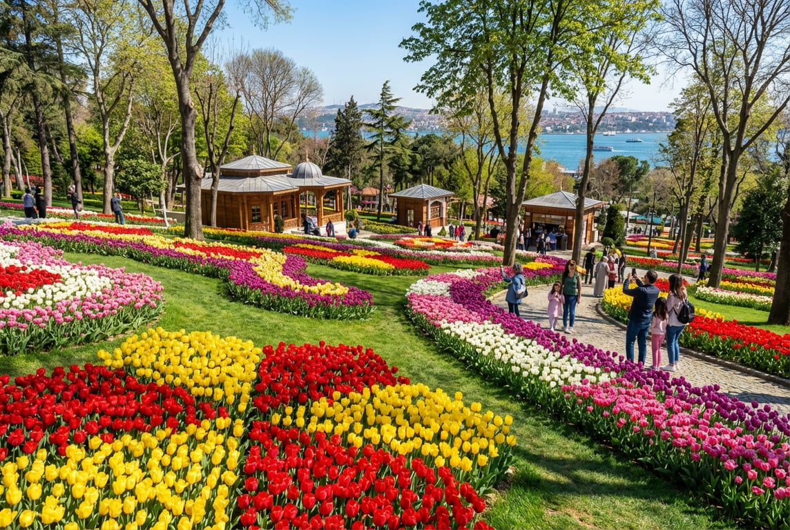 Milioane de lalele multicolore înflorite în Parcul Emirgan din Istanbul în timpul Festivalului Lalelelor