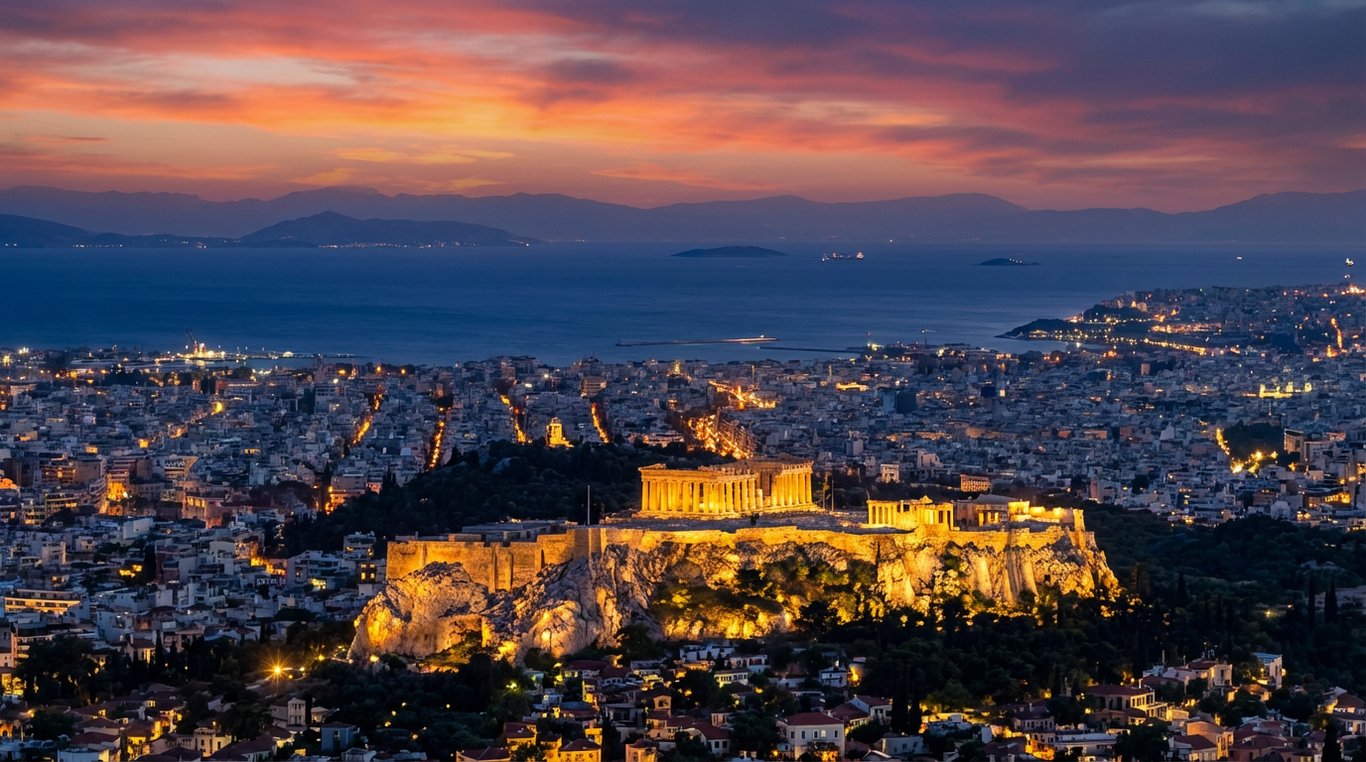 Apus spectaculos peste Atena văzut de pe dealul Lycabettus cu Acropola iluminată