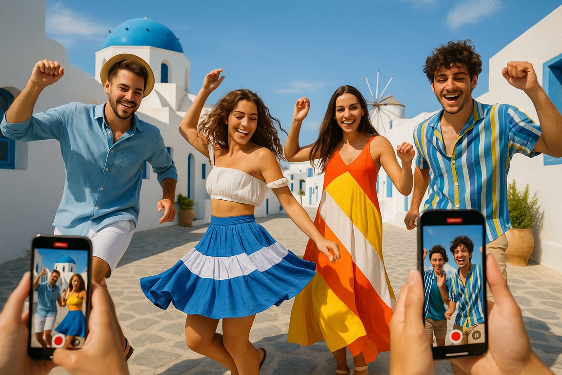 A photorealistic shot capturing a group of young Greek people participating in a TikTok challenge, showcasing outfits inspired by Greek islands, vibrant colors and dynamic movements, reflecting the energy of Greek culture and fashion, smartphone screens visible recording the challenge, sunny outdoor setting with traditional Greek architecture in the background.