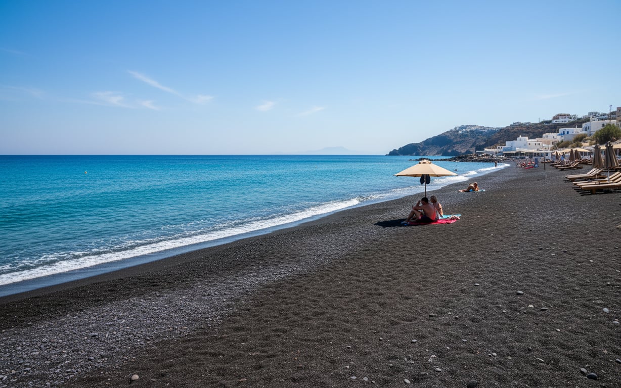 Plajă cu nisip negru vulcanic în Santorini în septembrie cu turiști puțini