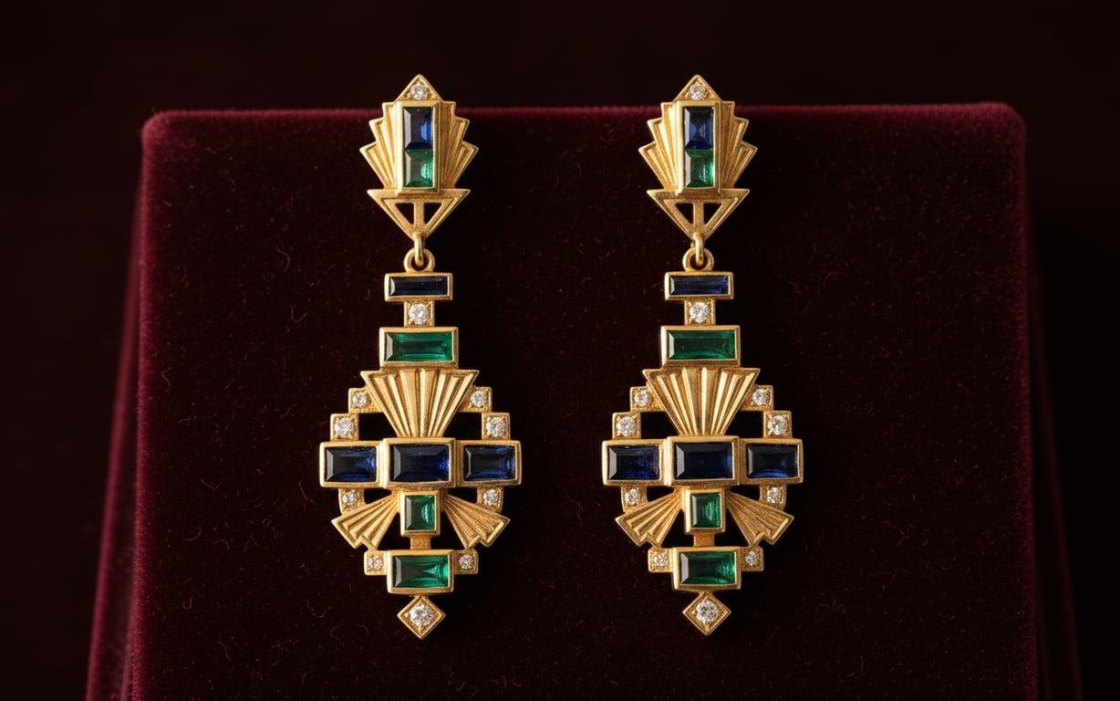 Cercei vintage Art Deco din aur cu pietre prețioase colorate pe catifea